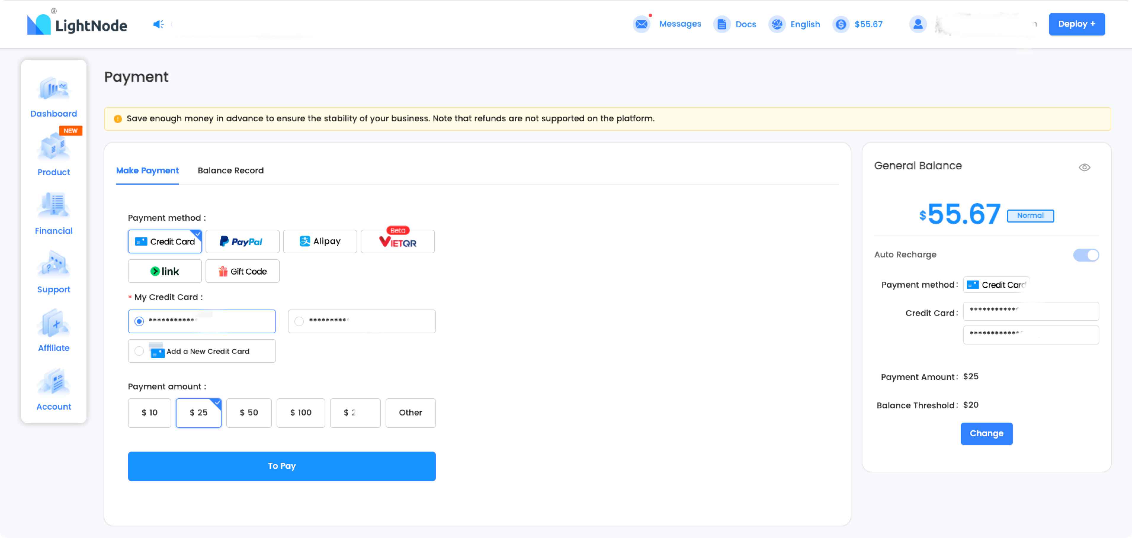 LightNode Auto Recharge + Link Payments
